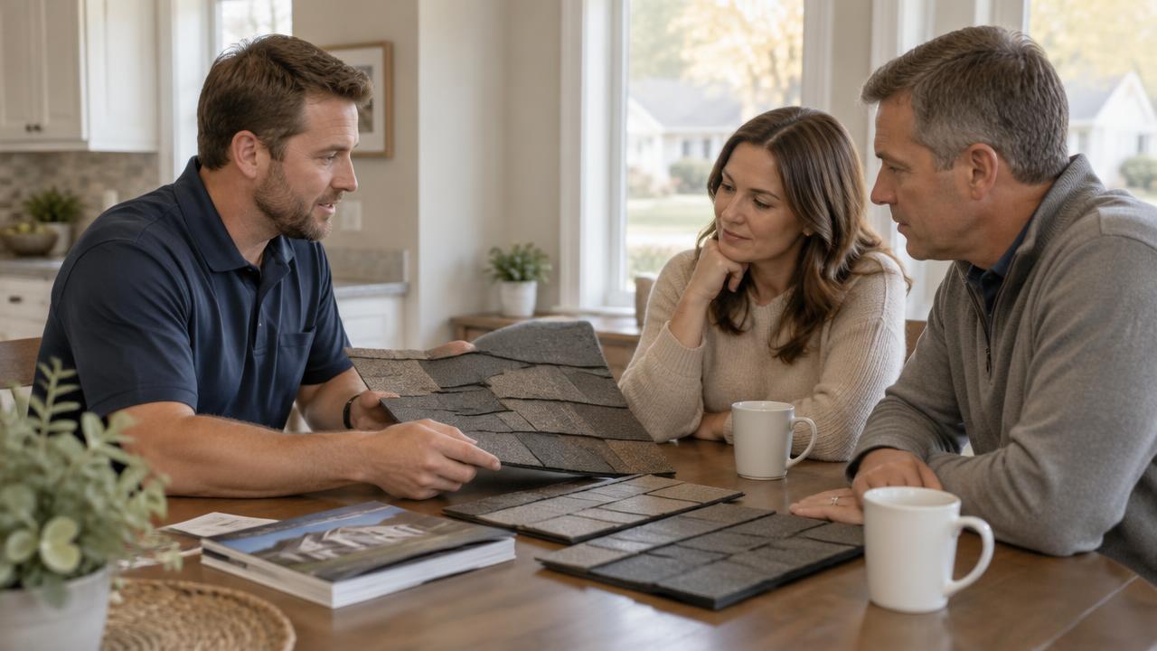 A roofing contractor showing shingle samples to a homeowner couple at a kitchen table
