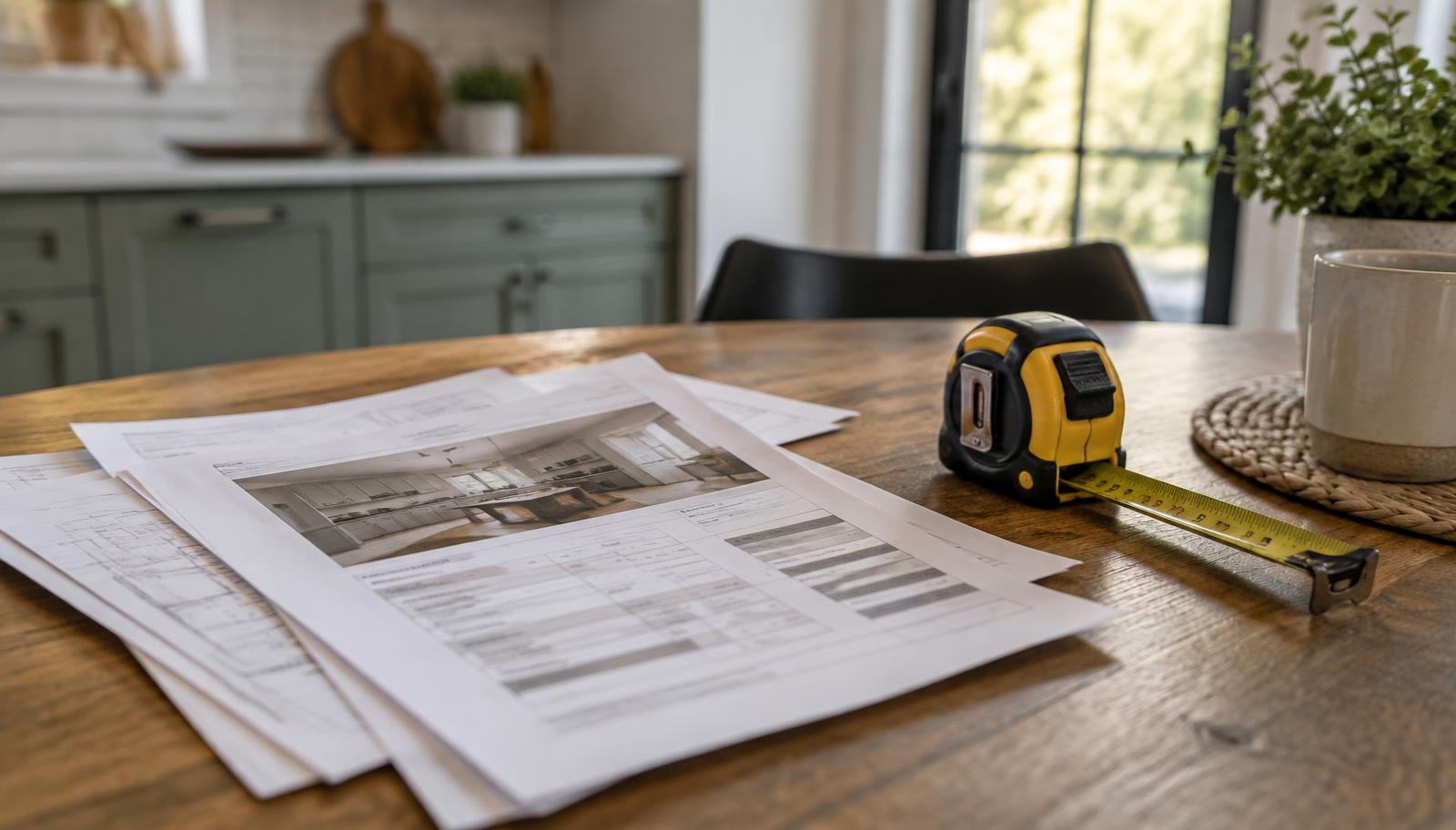 Printed contractor estimate paperwork and a tape measure on a kitchen table
