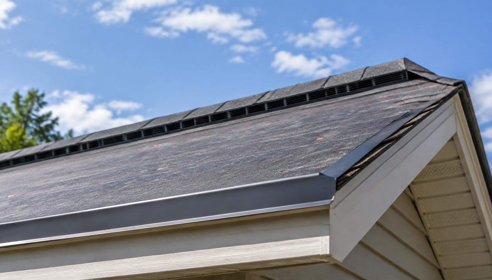 Roof edge with new drip edge, underlayment and a ridge vent on a residential home